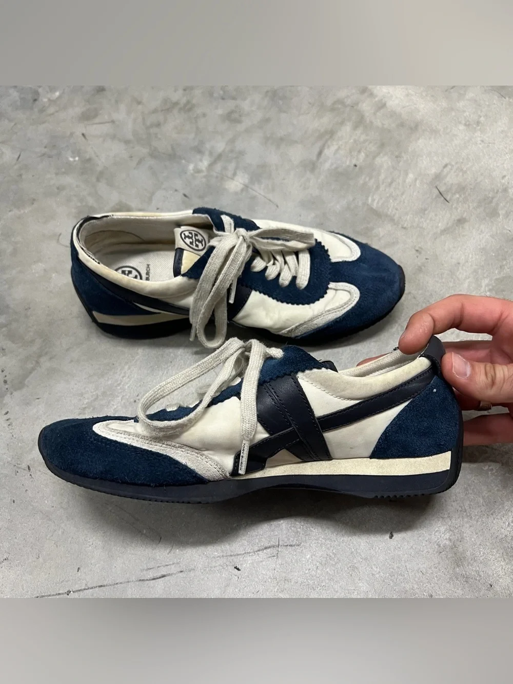 Tory Burch Tory Sneaker Navy White Blue Nylon Suede Women's Size 7 READ DESCRIPT